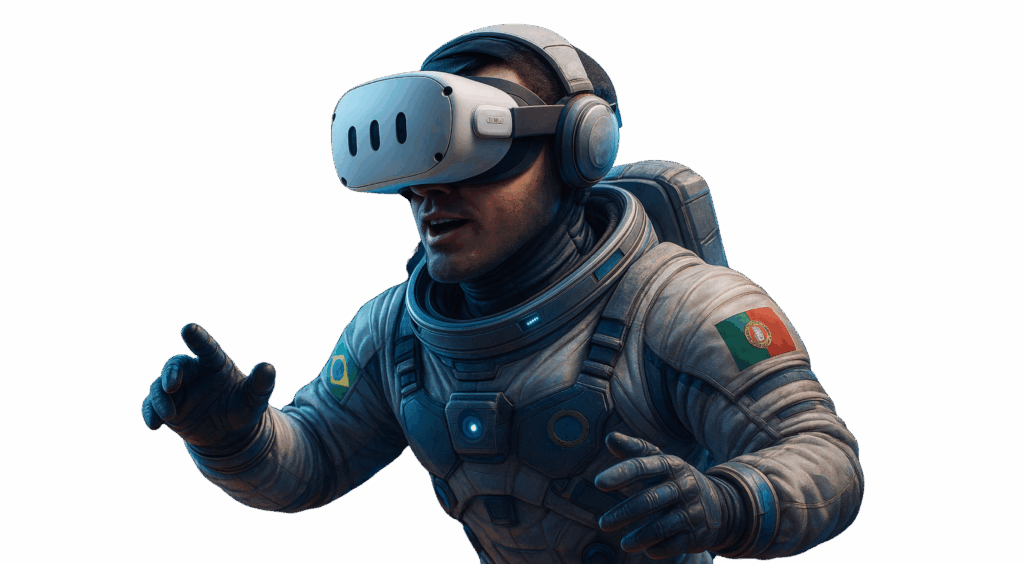 Astronauta com óculos de Realidade Virtual representando a atuação da Casa Mais no Brasil e em Portugal nas áreas de VR, AR, IA e Metaverso.