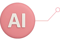 Ícone rosa com a sigla AI, destacando a automação inteligente por meio de algoritmos e dados