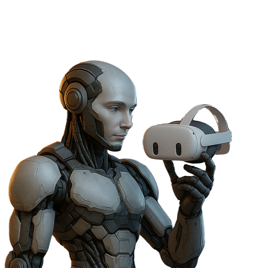 Robô com aparência humana segurando um headset de Realidade Virtual, simbolizando a integração entre Inteligência Artificial e experiências imersivas da Casa Mais.
