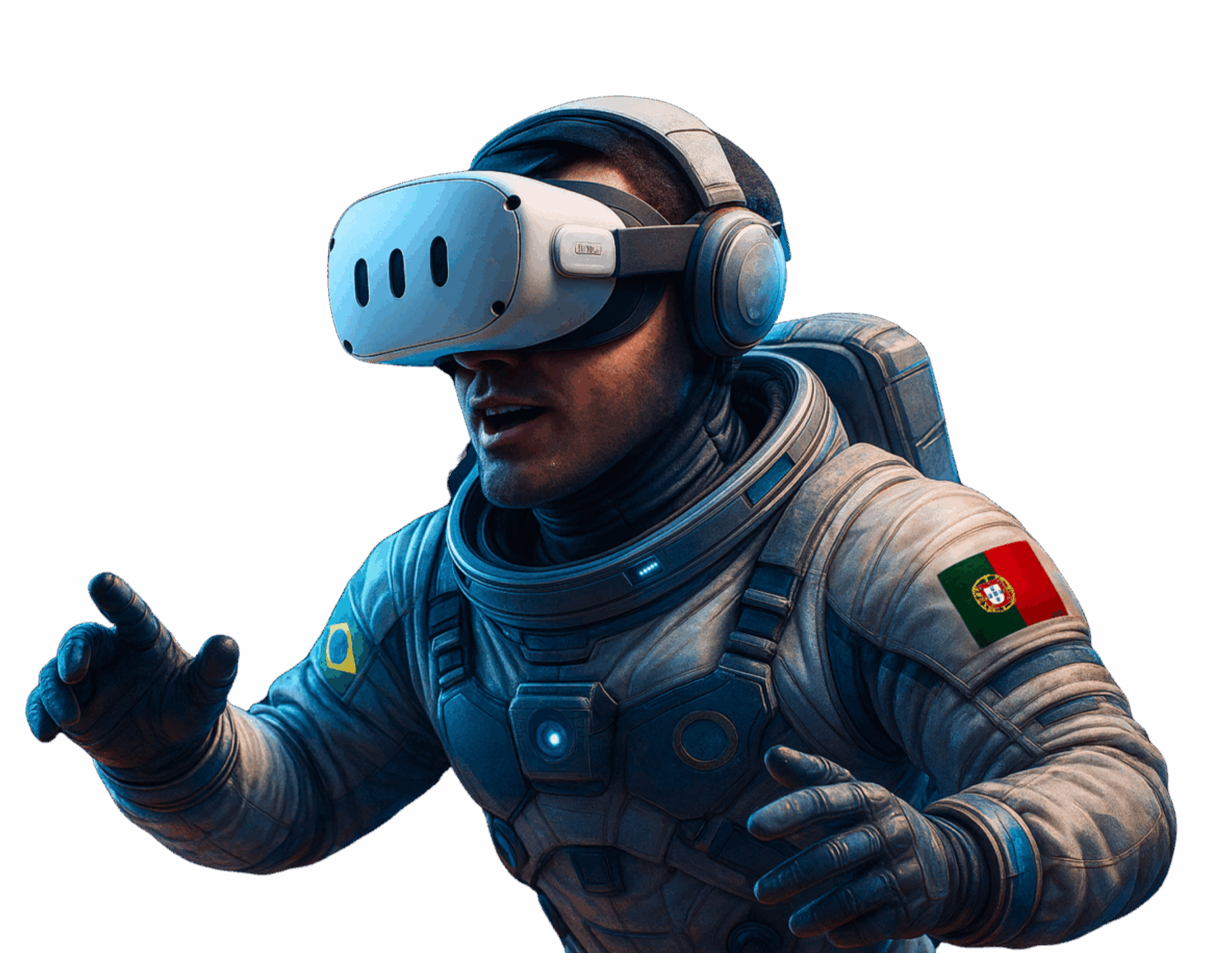Astronauta com óculos de Realidade Virtual, simbolizando inovação em tecnologias imersivas como VR, AR, AI e Metaverso.