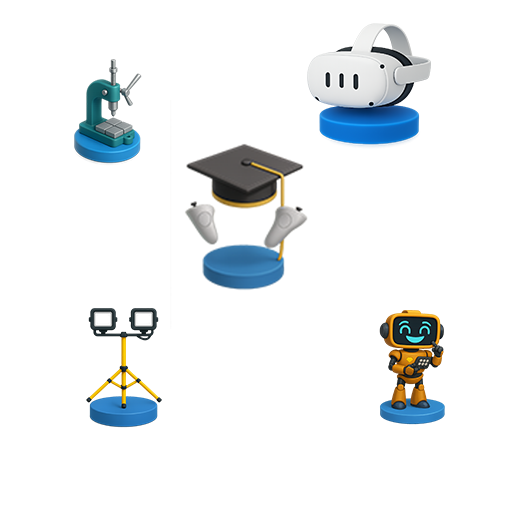 Ícones representando treinamentos empresariais em Realidade Virtual, incluindo headset VR, robô, sensores, furadeira industrial e capacete de formatura