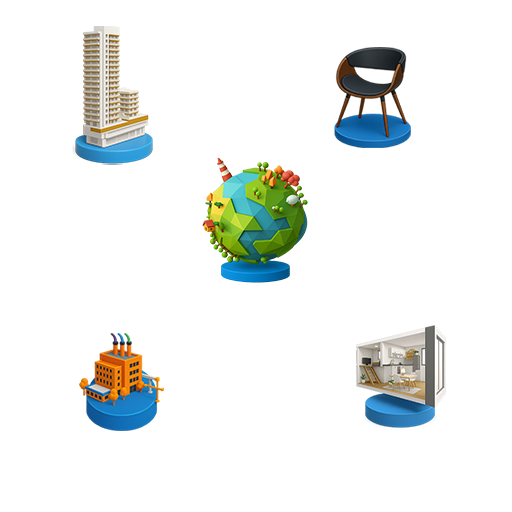 Imagem com ícones 3D de tour virtual desenvolvidos pela Casa Mais, representando prédio comercial, indústria, globo terrestre, produto e ambiente interno.