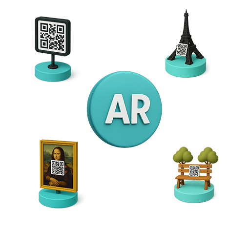 Ícones 3D representando QR Code, Mona Lisa com código, símbolo AR, Torre Eiffel e banco interativo, sobre bases azuis.