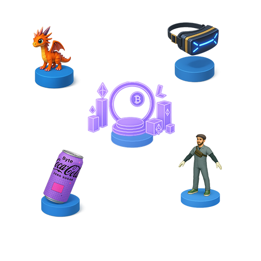 Ícones 3D representando avatar, dragão, headset VR, criptomoedas e latinha personalizada, todos sobre bases azuis.