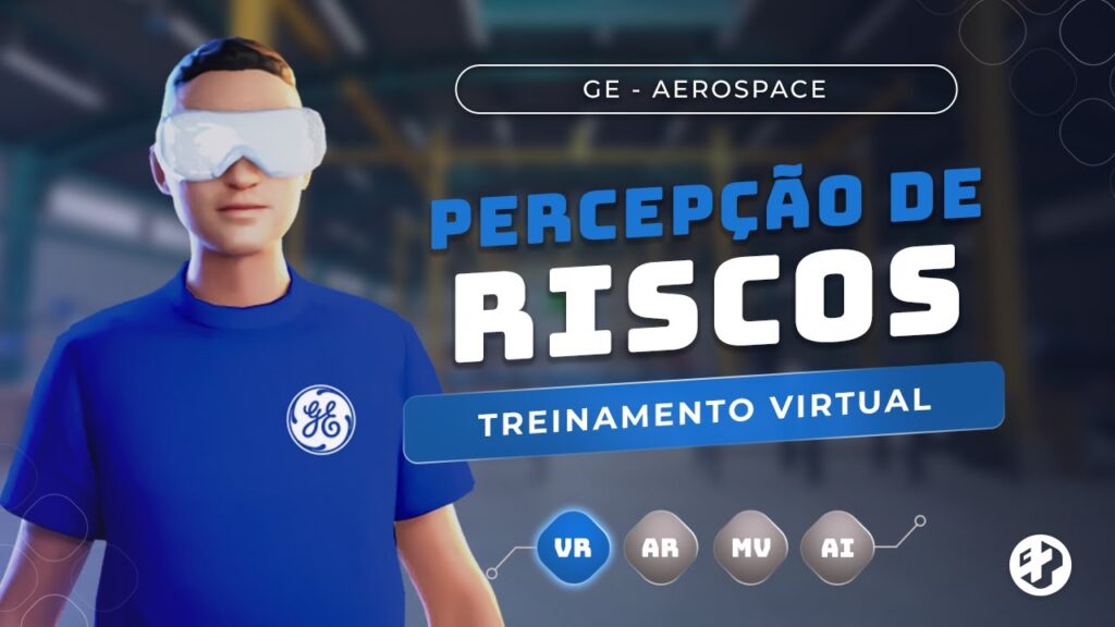 Thumbnail de vídeo mostrando avatar em VR com texto “Percepção de Riscos – Treinamento Virtual” e ícones de tecnologias imersivas.