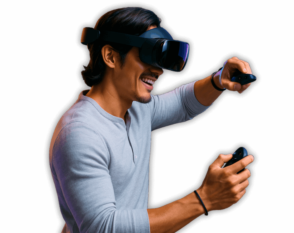 Homem interagindo com ambiente de Realidade Mista usando headset e controles de movimento.