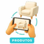 Ícone de RA com cadeira e mãos segurando celular, representando visualização de produto em 3D.