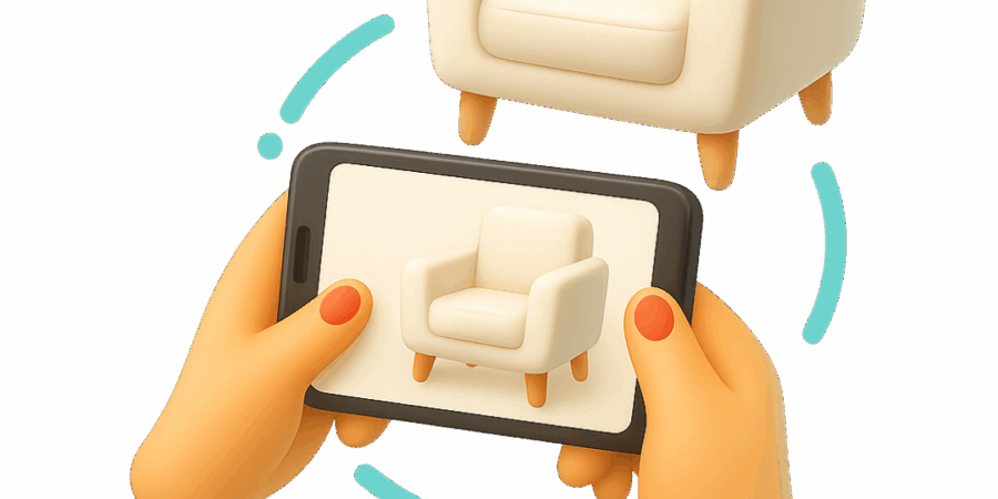 Ícone de RA com cadeira e mãos segurando celular, representando visualização de produto em 3D.