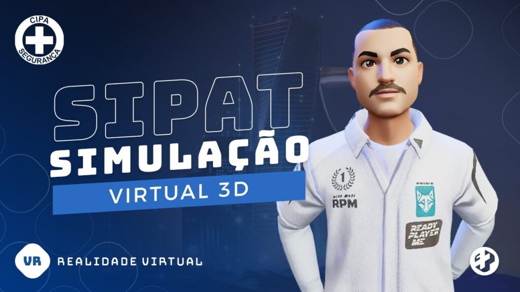Avatar 3D vestindo jaleco branco e headset de Realidade Virtual, com texto “SIPAT Simulação Virtual 3D”.