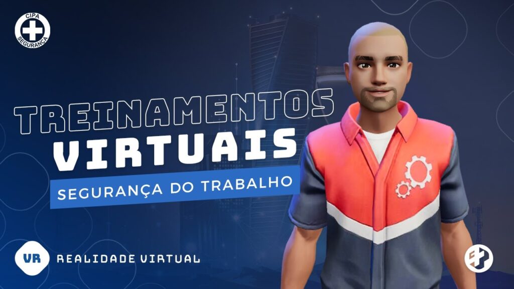 Avatar 3D usando headset de Realidade Virtual com texto “Treinamentos Virtuais – Segurança do Trabalho” e listagem NR-10, NR-12, NR-33, NR-35.