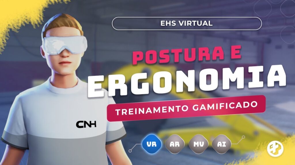 Avatar em 3D usando headset de Realidade Virtual, com texto “Postura e Ergonomia – Treinamento Gamificado”.