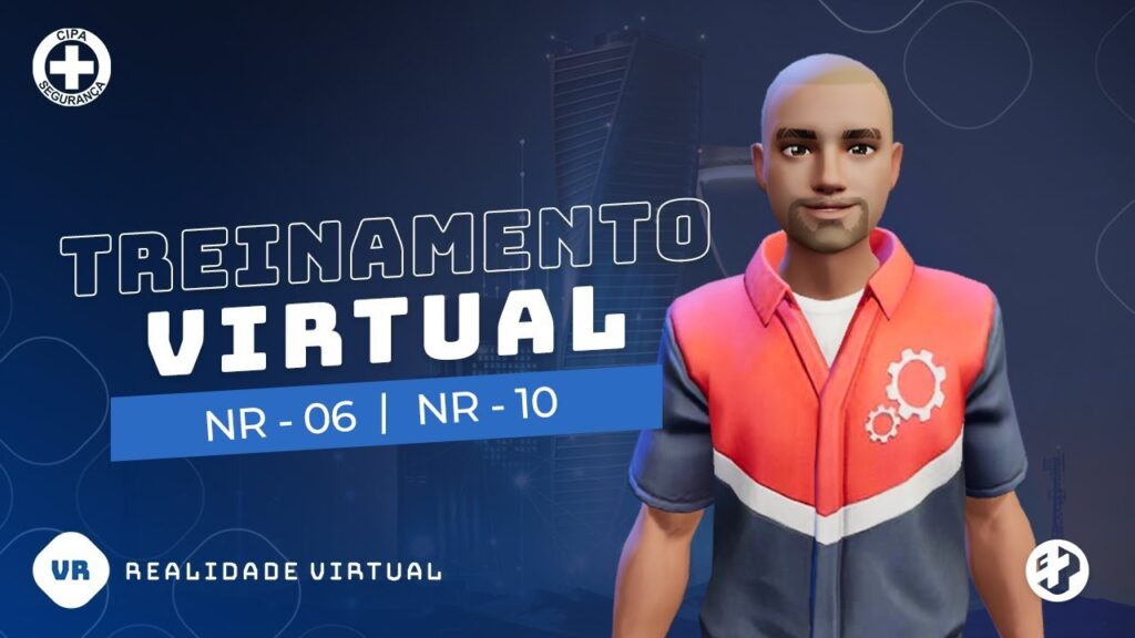 Avatar 3D com colete de segurança e headset VR, acompanhado do texto “Treinamento Virtual NR-06 | NR-10”.