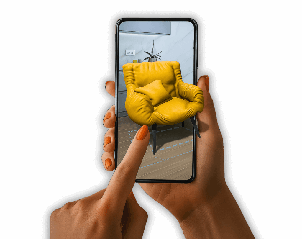 Pessoa interagindo com um móvel em Realidade Aumentada no celular, representando os serviços de AR da Casa Mais.
