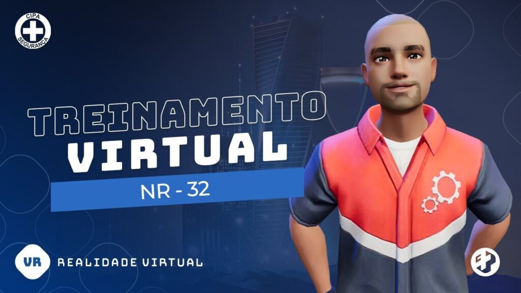 Avatar 3D com colete de segurança e headset de Realidade Virtual em ambiente hospitalar.