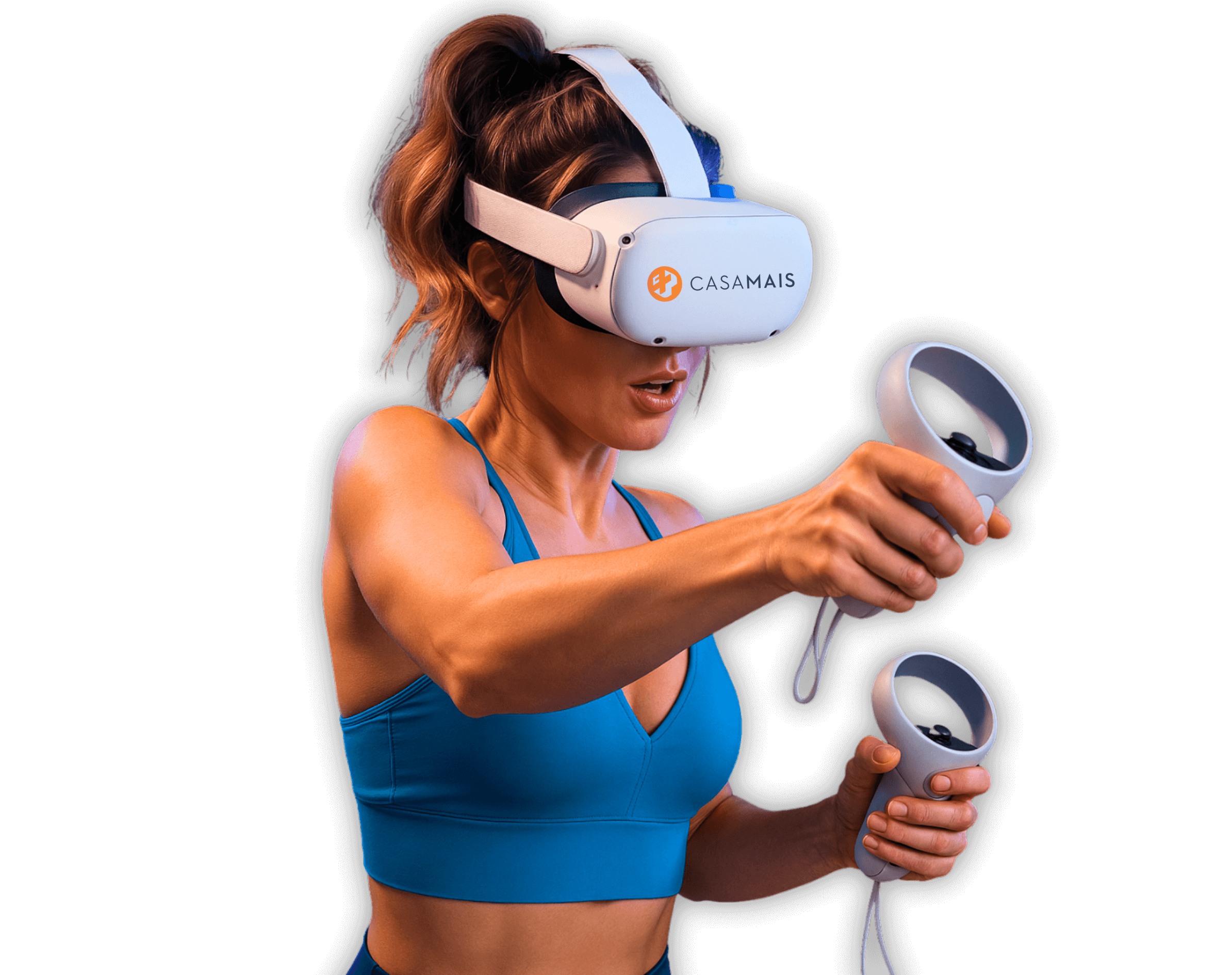 Mulher utilizando óculos de Realidade Virtual em uma experiência imersiva, representando os serviços de VR oferecidos pela Casa Mais.