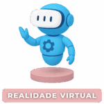 Robô azul com headset VR representando o uso de Inteligência Artificial em experiências de Realidade Virtual criadas pela Casa Mais.