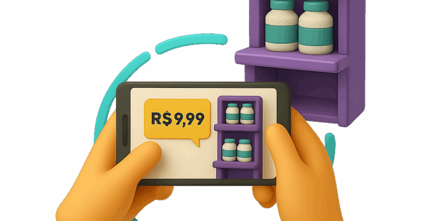 Ícone de RA com celular apontado para prateleira com produto e preço em destaque.