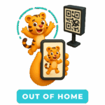 Ícone de RA com QR Code e personagem infantil surgindo no celular.