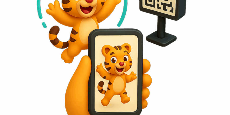 Ícone de RA com QR Code e personagem infantil surgindo no celular.