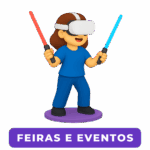 Personagem usando headset e bastões de luz em ambiente imersivo, representando eventos com Realidade Mista da Casa Mais.