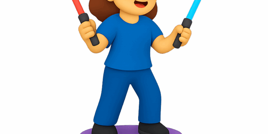 Personagem usando headset e bastões de luz em ambiente imersivo, representando eventos com Realidade Mista da Casa Mais.