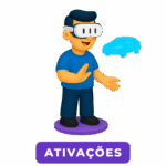 Personagem com óculos de Realidade Mista e elemento 3D (carro), representando ativações da Casa Mais com uso de tecnologia MX.
