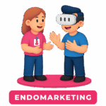 Personagens interagindo, sendo um com óculos VR, simbolizando ações de endomarketing no Metaverso.