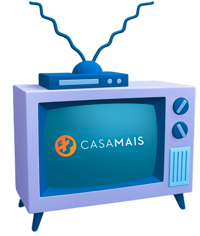 Televisão antiga exibindo o logo da Casa Mais, simbolizando matérias publicadas na mídia nacional e portais reconhecidos