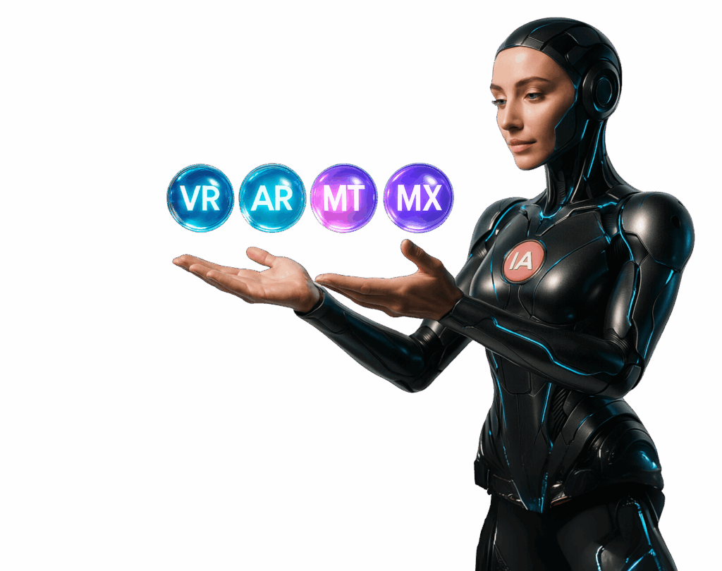 Robô com aparência humana segurando ícones VR,AR,MT e MX, simbolizando a integração entre Inteligência Artificial e experiências imersivas da Casa Mais.