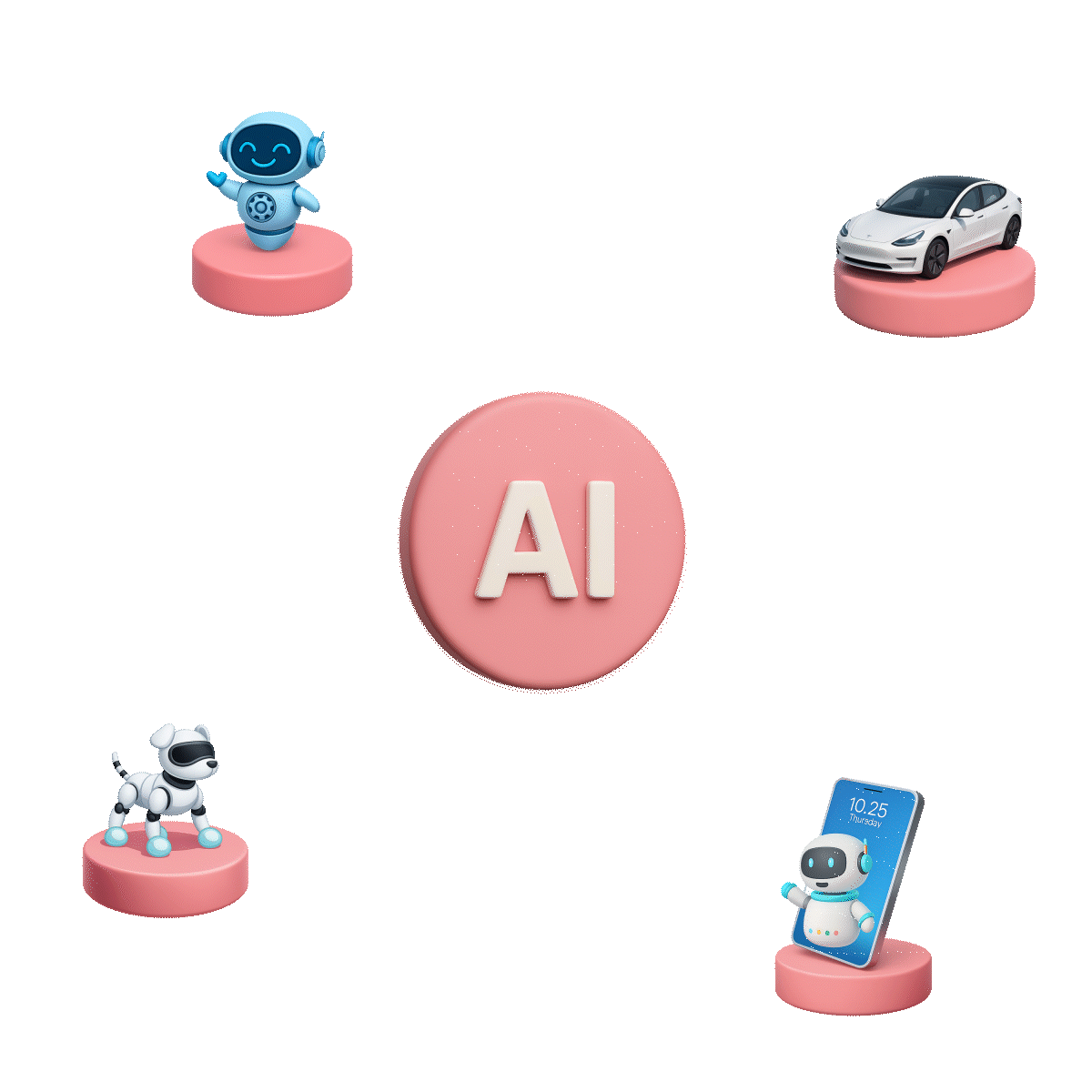 Ícones 3D representando a Inteligência Artificial aplicável em diferentes setores: robôs, carros autônomos, assistente virtual e chip de IA sobre base rosa.