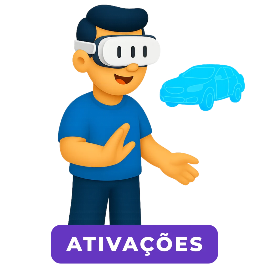 Avatar 3D com óculos de Realidade Virtual apresentando holograma de carro em ativação imersiva.