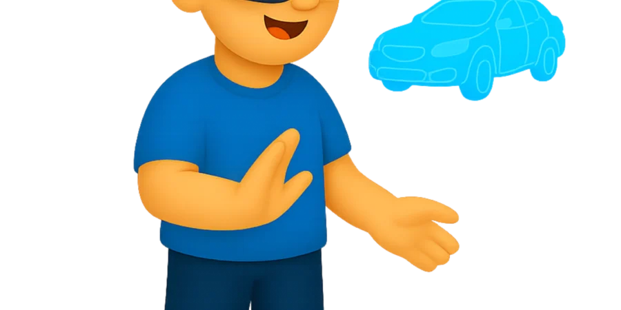 Avatar 3D com óculos de Realidade Virtual apresentando holograma de carro em ativação imersiva.