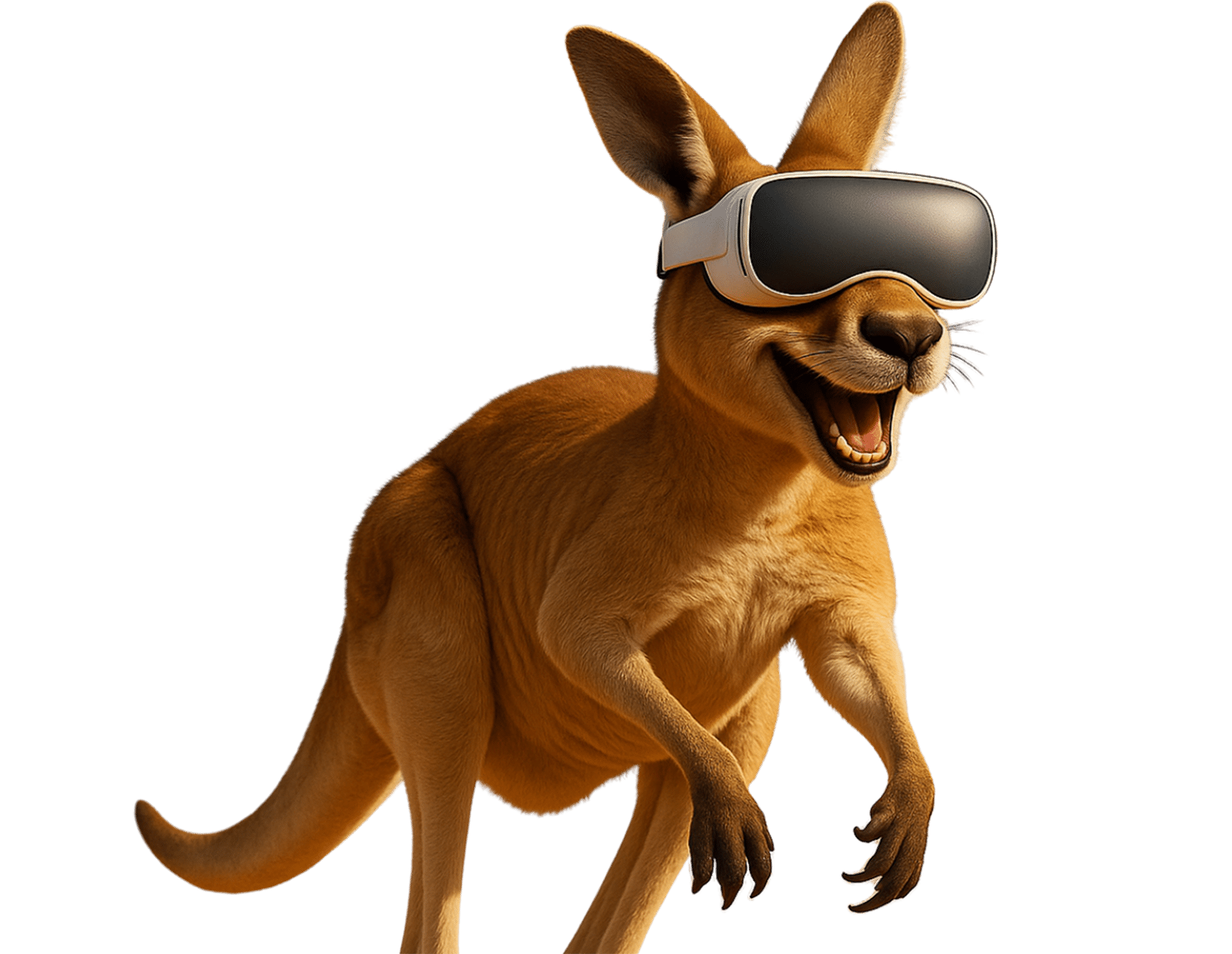 Canguru com óculos de Realidade Virtual simbolizando o início da Casa Mais na Austrália e o pioneirismo em experiências imersivas.