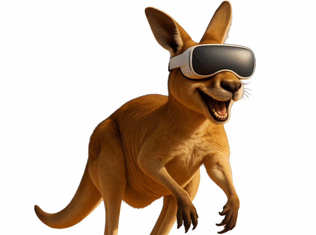 Canguru com óculos de Realidade Virtual simbolizando o início da Casa Mais na Austrália e o pioneirismo em experiências imersivas.