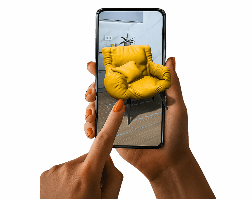 Pessoa interagindo com um móvel em Realidade Aumentada no celular, representando os serviços de AR da Casa Mais.