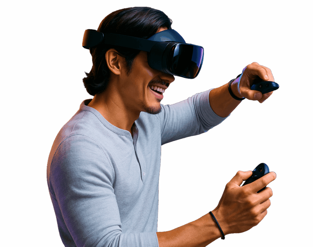 Homem interagindo com ambiente de Realidade Mista usando headset e controles de movimento.