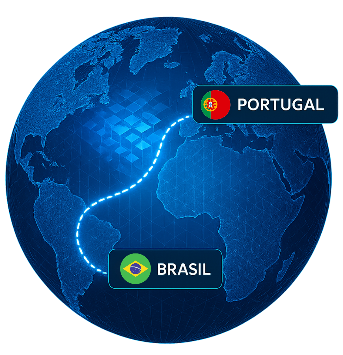 Mapa estilizado com marcações no Brasil e em Portugal, representando a atuação internacional da Casa Mais em tecnologias como VR, AR, IA, MX e Metaverso.