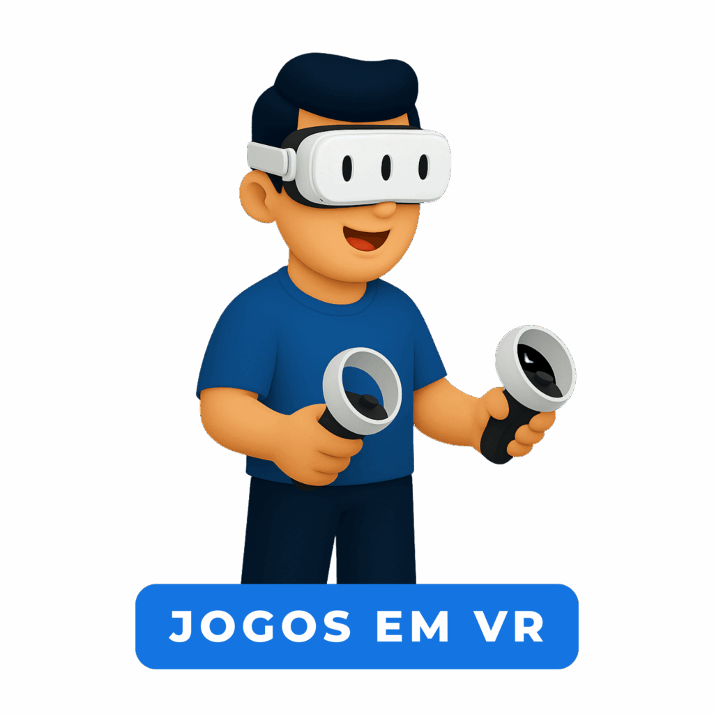 Ilustração de personagem jogando com óculos e controles de Realidade Virtual.