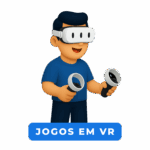 Ilustração de personagem jogando com óculos e controles de Realidade Virtual.
