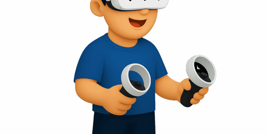 Ilustração de personagem jogando com óculos e controles de Realidade Virtual.