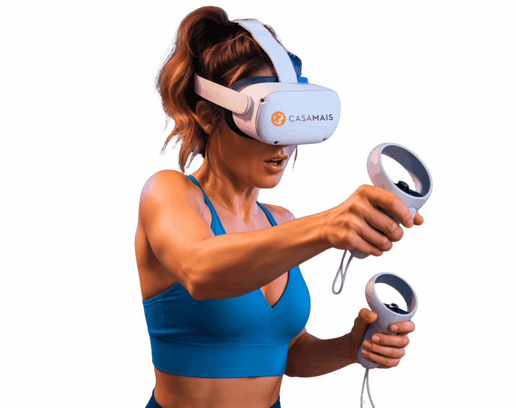 Mulher utilizando óculos de Realidade Virtual em uma experiência imersiva, representando os serviços de VR oferecidos pela Casa Mais.