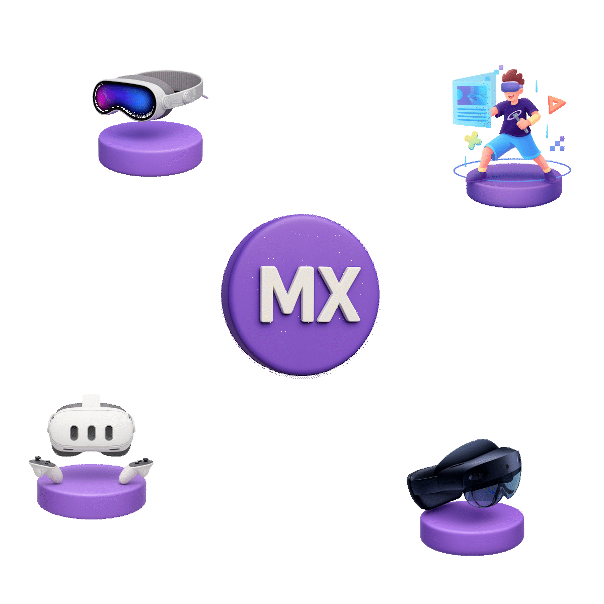 Ícones 3D representando a Realidade Mista: headset, avatar interativo, ambiente virtual, óculos e controle integrados.