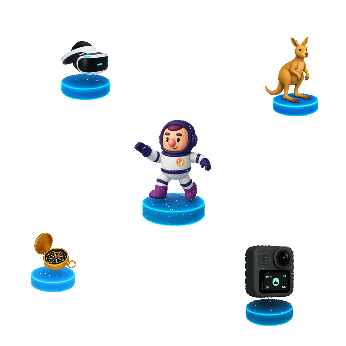 Ícones 3D representando headset de realidade virtual, astronauta, câmera 360º, bumerangue e canguru. Usados para ilustrar o pioneirismo da Casa Mais na tecnologia imersiva desde 2011.