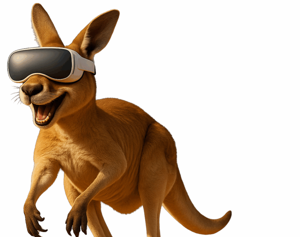 Canguru com óculos de Realidade Virtual simbolizando o início da Casa Mais na Austrália e o pioneirismo em experiências imersivas.