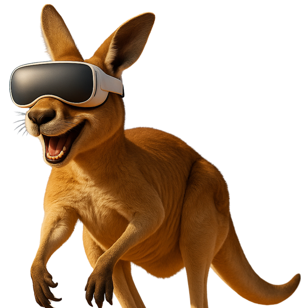 Canguru com óculos de Realidade Virtual simbolizando o início da Casa Mais na Austrália e o pioneirismo em experiências imersivas.