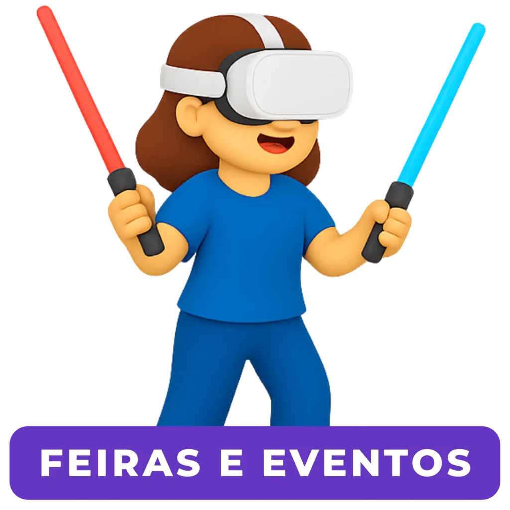 Avatar 3D com óculos de Realidade Virtual em ativação interativa para feiras e eventos corporativos.