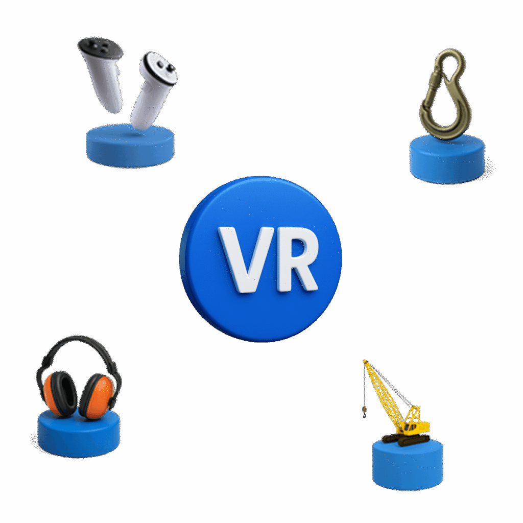 Ícones 3D representando treinamentos de Segurança do Trabalho em Realidade Virtual, com controladores de movimento, protetores auditivos, gancho de elevação e guindaste ao redor de um botão VR.