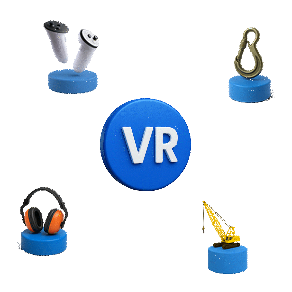 Ícones 3D representando treinamentos de Segurança do Trabalho em Realidade Virtual, com controladores de movimento, protetores auditivos, gancho de elevação e guindaste ao redor de um botão VR.