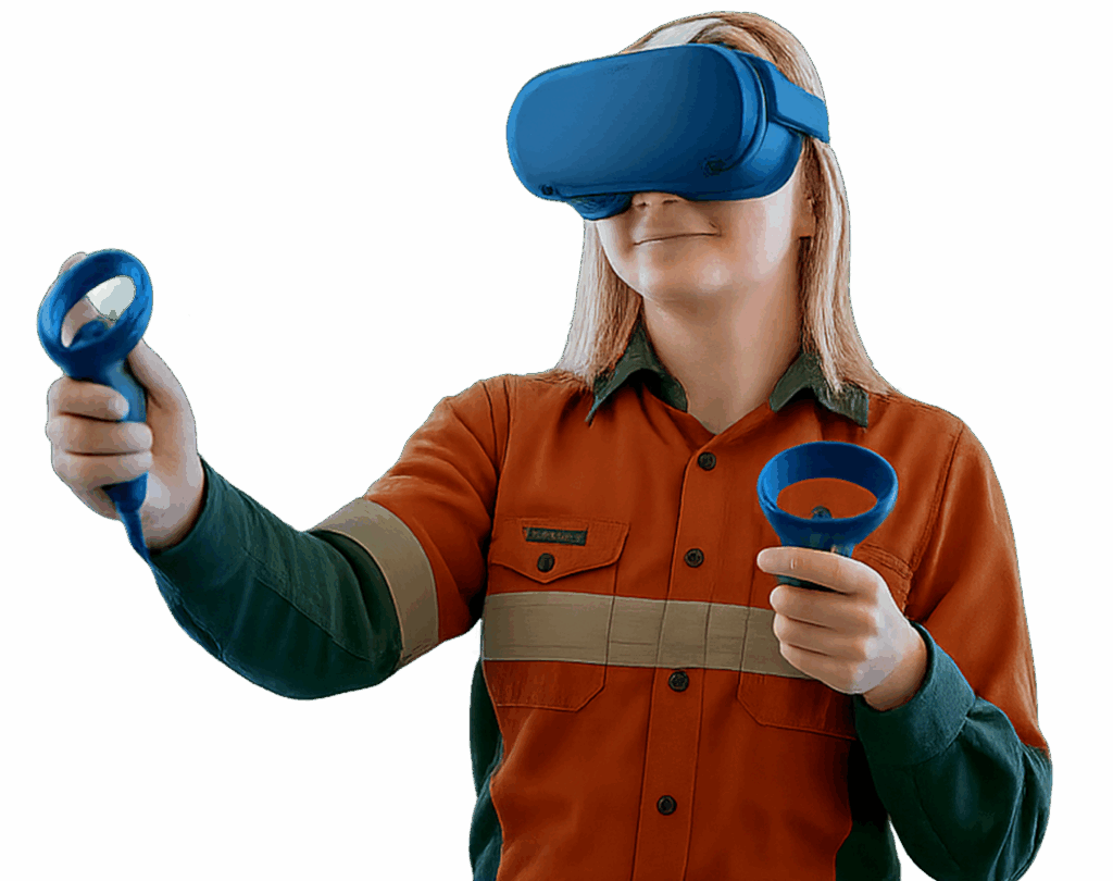 Mulher com headset de Realidade Virtual e segurando dois controladores de movimento, simbolizando interação imersiva.