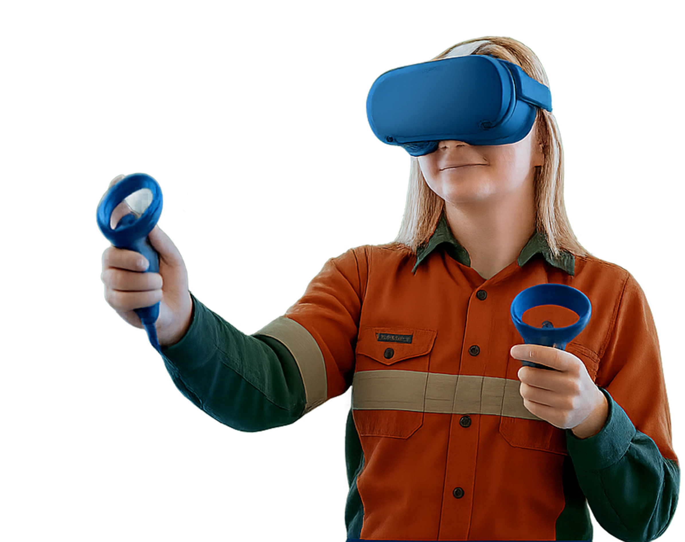 Mulher com headset de Realidade Virtual e segurando dois controladores de movimento, simbolizando interação imersiva.